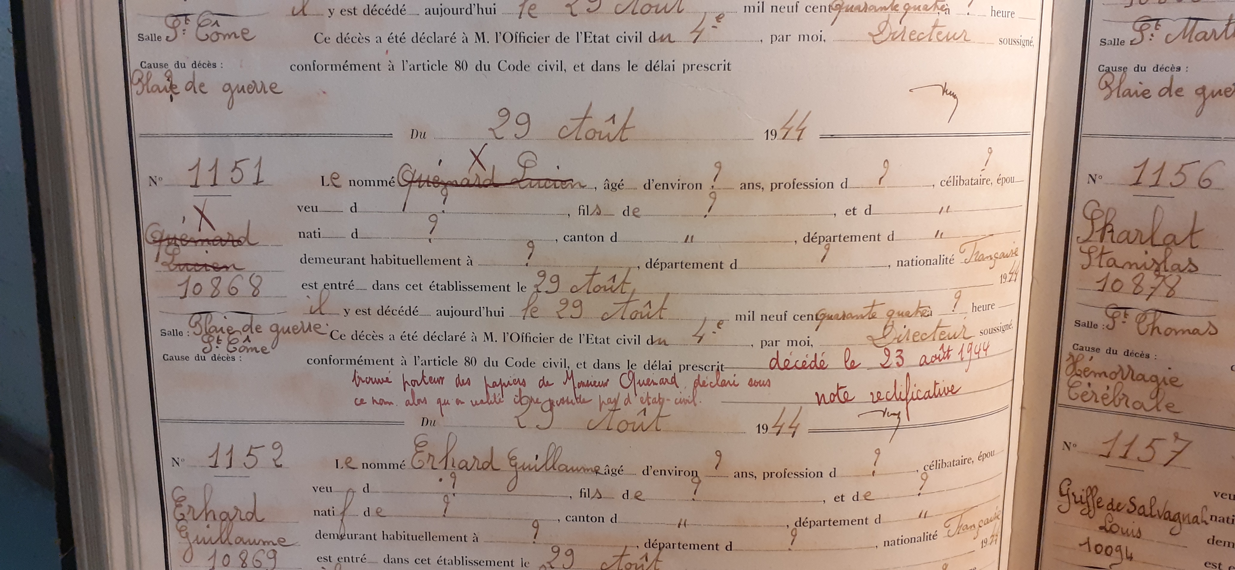 Déclarations de décès de Lucien Quénard alias Marquet du 29 août 1944 (Archives AP-HP, 523/W/50)