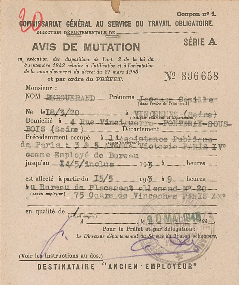 Avis de mutation de Jacques Berguerand, 10 mai 1943 (Archives AP-HP, PA/110/3)