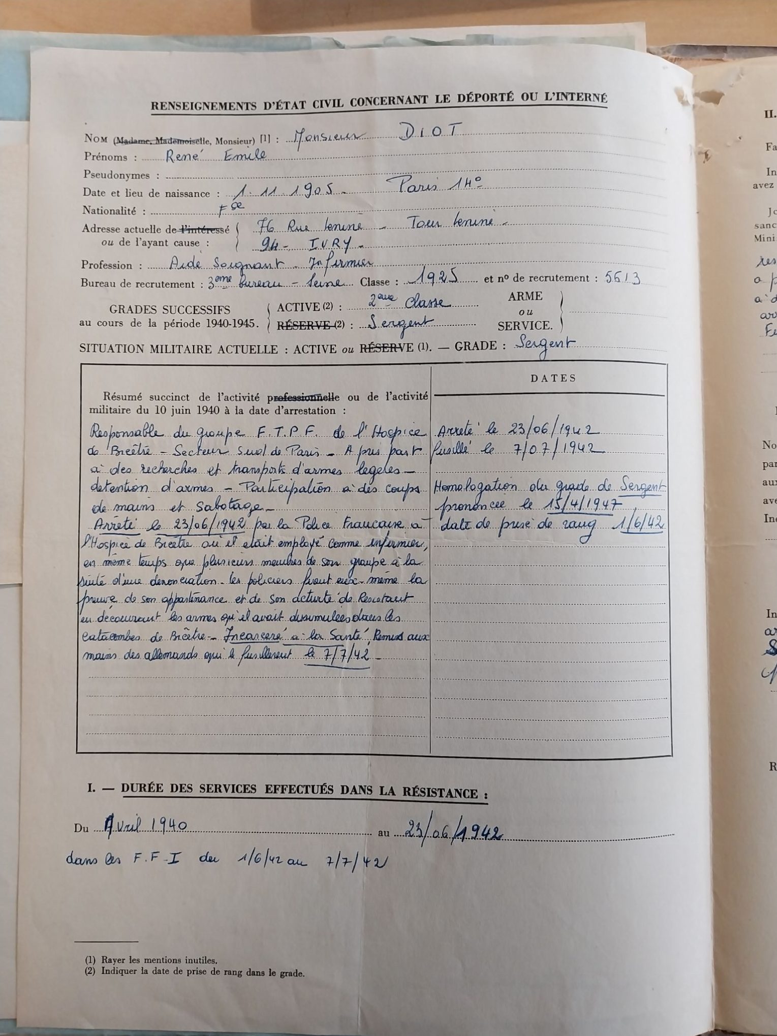 Résumé succinct de l’activité militaire de René Diot, du 10 juin 1940 à la date de son arrestation, conservé dans le dossier du SHD Vincennes (cote GR 16P 186255)