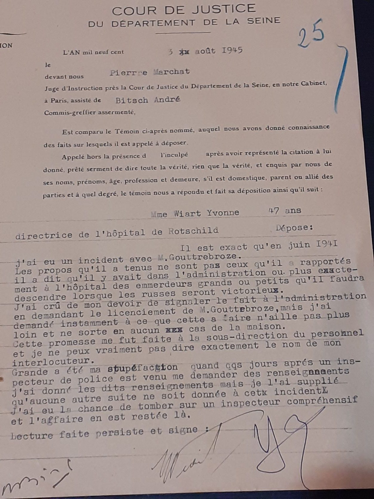 Déposition d’Yvonne Wiart lors de l‘instruction par la cour de justice de la Seine du dossier de Serge Gas, directeur général de l’AP, 3 août 1945.